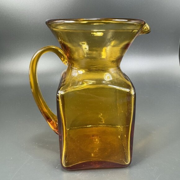 Mid Century Hand Blown Art Glass Pitcher Jug Carafe Amber With Handle Hand Made - Picture 2 of 12